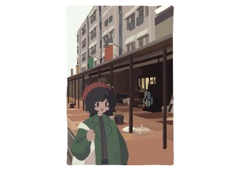 1girl absurdres artist_self-insert bag beret black_eyes black_hair border building coat cowboy_shot day green_coat grey_sweater handbag hat highres kyora-chan_(kyora_san) kyora_san long_sleeves looking_ahead open_clothes open_coat open_mouth original outdoors red_hat smile solo sweater white_border
