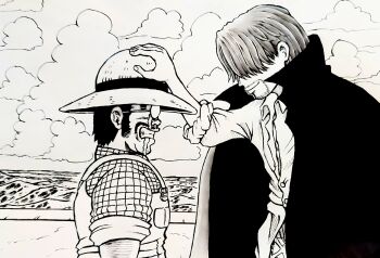 2boys artist_request beard cape clenched_teeth crossover crying dragon_ball dragonball_z facial_hair farmer_(dragon_ball) hat highres looking_at_another monochrome multiple_boys mustache ocean one_piece parody shanks_(one_piece) size_difference sky straw_hat tears teeth what