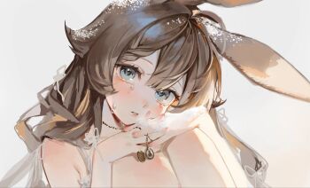 1girl achan_(a_chaniii) ahoge animal_ears blue_eyes braid brown_hair crying hair_between_eyes highres hugging_own_legs interlocked_fingers light_blush long_hair looking_at_viewer original own_hands_clasped own_hands_together parted_lips rabbit_ears rabbit_girl side_braid solo tears upper_body white_background