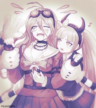 2girls ahoge bad_id bad_twitter_id barbed_wire blonde_hair bow breasts choker cleavage commentary_request danganronpa_(series) danganronpa_another_episode:_ultra_despair_girls danganronpa_v3:_killing_harmony dress fake_horns fingerless_gloves flying_sweatdrops gloves goggles goggles_on_head hair_between_eyes hair_bow hair_ornament hajime_(gitoriokawaii) holding_another's_wrist horns iruma_miu large_breasts long_hair long_sleeves looking_at_another machine multiple_girls musical_note o-ring one_eye_closed open_mouth polka_dot polka_dot_bow school_uniform serafuku skirt twintails twitter_username utsugi_kotoko