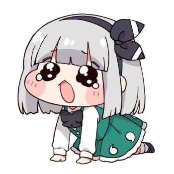 1girl all_fours black_bow black_bowtie black_eyes black_hairband black_shoes blunt_bangs blush bow bow_hairband bowtie chibi chibi_only collared_shirt commentary_request crying crying_with_eyes_open frilled_skirt frills full_body green_skirt green_vest grey_hair hairband hitodama_print konpaku_youmu long_sleeves looking_at_viewer medium_hair meme open_mouth pleated_skirt revision shirt shoes sidelocks simple_background skirt socks solo speakiposting_(meme) tears touhou trickcal vest white_background white_shirt white_socks yamada_sakura