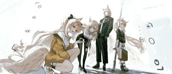 1boy 3girls absurdres alternate_costume animal_ear_fluff animal_ears arknights artist_name aunt_and_niece bag bent_over black_bow black_footwear black_jacket black_pants black_skirt black_thighhighs blemishine_(arknights) blonde_hair blue_eyes bow brown_eyes closed_mouth family full_body hair_bow high_ponytail highres holding holding_bag horse_ears horse_tail jacket lemtun long_hair looking_at_viewer mlynar_(arknights) multiple_girls nearl_(arknights) on_one_knee open_mouth pants ponytail shirt shoes short_hair siblings sisters skirt smile sneakers standing tail thighhighs uncle_and_niece user_interface v whislash_(arknights) white_shirt