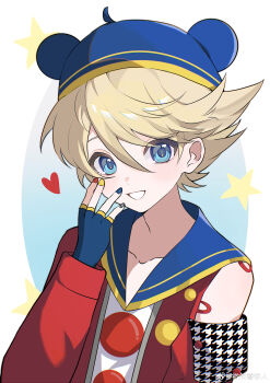 Rule 34 | 1boy, absurdres, androgynous, bisho imobing hito, blonde hair, blue eyes, blue hat, collarbone, commentary request, detached sleeves, hat, highres, kuma (human) (persona 4), kuma (persona 4), looking at viewer, male focus, multicolored nails, persona, persona 4, short hair, solo, upper body