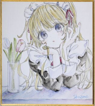 1girl absurdres black_dress blonde_hair blue_eyes blush commentary_request dress flower highres juliet_sleeves long_hair long_sleeves looking_at_viewer maid maid_headdress original parted_lips photo_(medium) pink_flower puffy_sleeves sha2mo shikishi signature solo traditional_media upper_body very_long_hair white_flower