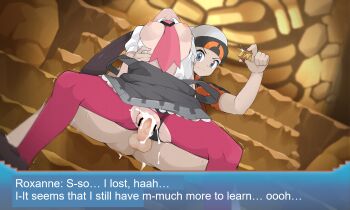 1boy 1girl bar_censor beanie black_panties breasts breasts_out brendan_(pokemon) brown_footwear censored clothes_pull clothing_aside cum cum_in_pussy cum_overflow defeat dress dress_pull glint grey_dress gym_leader hand_on_another&#039;s_waist hat hetero highres holding indoors kim_da-yoon looking_at_viewer medium_breasts nintendo nipples open_clothes open_shirt panties panties_aside pantyhose penis pokemon pokemon_gym pokemon_oras purple_pantyhose roxanne_(pokemon) sex shirt shoes spread_legs stone_badge testicles torn_clothes translated trembling underwear vaginal white_shirt