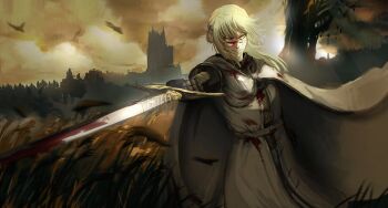 1girl armor blonde_hair blood blood_on_clothes blood_on_face bloody_weapon braid cloak elden_ring elden_ring:_shadow_of_the_erdtree evil_smile highres holding holding_sword holding_weapon knight long_hair looking_at_viewer needle_knight_leda ornate ornate_armor pointing pointing_at_viewer sakku_art scadutree_(elden_ring) shaded_face smile solo sword tunic weapon wheat_field white_cloak white_tunic