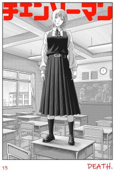 1girl 300beans666 black_shoes black_skirt black_socks ceiling chainsaw_man chair classroom clock collared_shirt death_devil_(chainsaw_man) desk dress earrings expressionless fourth_east_high_school_uniform full_body highres indoors jewelry long_sleeves looking_at_viewer mary_janes monochrome neck_ribbon pinafore_dress pleated_skirt ribbon ringed_eyes school school_chair school_desk school_uniform shirt shoes short_hair skirt sleeveless sleeveless_dress socks solo tassel tassel_earrings white_shirt window