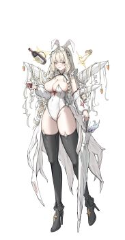 1girl absurdres alcohol animal_ears black_thighhighs blonde_hair blue_eyes bottle breasts cleavage covered_navel crown_(naked_king)_(nikke) crown_(nikke) cup detached_collar disembodied_hand drill_hair drinking_glass fake_animal_ears goddess_of_victory:_nikke highleg highres holding holding_bottle holding_umbrella ko_uniii large_breasts leotard long_hair looking_at_viewer navel open_clothes open_mouth open_robe playboy_bunny rabbit_ears red_wine robe simple_background smile solo strapless strapless_leotard surrounded_by_hands thighhighs too_many_drills umbrella very_long_hair white_background white_leotard white_robe wine wine_bottle wine_glass wrist_cuffs