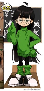 1girl absurdres ahoge black_hair black_pants chalkboard codename:_kids_next_door full_body gnsisir green_eyes green_socks green_sweater highres holding loli long_sleeves looking_at_viewer loose_socks numbuh_3 oversized_clothes pants round_eyewear shoes sleeves_past_wrists sneakers socks solo speech_bubble sweater