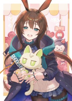 1girl amiya_(arknights) arknights black_coat blue_eyes blue_skirt blush brown_hair coat commentary_request crane_game hair_between_eyes happy happy_birthday heart highres infection_monitor_(arknights) jewelry kal'tsit_(arknights) long_hair looking_at_viewer matsuoka_(mtok_0) microskirt multiple_rings open_clothes open_coat pantyhose plaid_clothes plaid_skirt pleated_skirt ring skirt solo standing teeth thighs thumb_ring upper_teeth_only