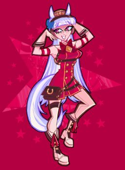 1girl :d animal_ears armband blunt_bangs boots bow brown_hat dress ear_bow ear_covers ear_ribbon full_body gloves gold_ship_(red_strife)_(umamusume) gold_ship_(umamusume) hat highres horse_ears horse_girl horse_tail horseshoe_ornament long_hair looking_to_the_side nokonyu open_mouth pantyhose pillbox_hat red_background red_dress sleeveless sleeveless_dress smile solo standing standing_on_one_leg star_(symbol) striped_armband striped_clothes tail umamusume white_boots white_gloves white_hair white_pantyhose