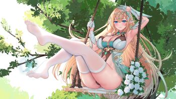 1girl absurdres arm_up armpits ass bare_shoulders blonde_hair blue_eyes breasts brown_leotard cleavage cleavage_cutout closed_mouth clothing_cutout copyright_request elf feet gloves gold_trim half_gloves hand_up highleg highleg_leotard highres ken-san large_breasts legs legs_up leotard long_hair looking_at_viewer navel navel_cutout no_shoes official_art on_swing pointy_ears revealing_clothes see-through_clothes sitting smile solo swing thighhighs thighs toes very_long_hair white_gloves white_thighhighs wrist_cuffs