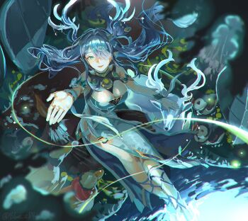 1girl antlers arm_up bird blue_e84 blue_hair breasts cleavage deer dress duck genshin_impact green_dress green_eyes hair_over_one_eye hand_on_another&#039;s_head highres horns large_breasts lauma_(genshin_impact) long_hair looking_at_viewer looking_up open_mouth pelvic_curtain reindeer_antlers reindeer_girl very_long_hair