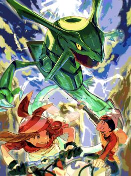 Rule 34 | > <, 1boy, 1girl, bandana, beanie, bicycle, black gloves, black pants, black sclera, blue fur, blue sky, brendan (pokemon), brown hair, claws, colored sclera, dragon, flying, gen 3 pokemon, gloves, grey eyes, hat, highres, jacket, legendary pokemon, looking at another, may (pokemon), minun, nintendo, open clothes, open mouth, outdoors, pants, plusle, pokemon, pokemon (creature), pokemon emerald, pokemon ruby/sapphire/emerald, rayquaza, red bandana, red fur, red jacket, red shirt, shirt, shorts, sky, surprised, sweatdrop, upper body, white hat, white shorts, yellow eyes, yellow fur, zs (zero sickkkzs)