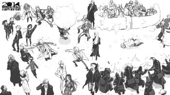 badou_nails dogs:_bullets_&amp;_carnage fuyumine_naoto giovanni giovanni_(dogs) greyscale haine_rammsteiner highres kiri_(character) luki magato mihai_mihaeroff mimi_(dogs) miwa_shirow monochrome multiple_boys multiple_girls nill noki snow snowball snowball_fight
