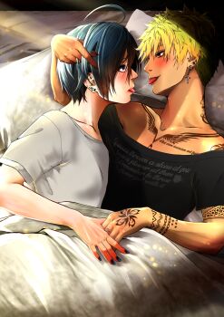 Rule 34 | 2girls, after kiss, ahoge, bed, black hair, blonde hair, blue eyes, breasts, brown eyes, collarbone, commentary request, cross, cross earrings, ear piercing, earrings, eye contact, highres, holding hands, indoors, jewelry, kaki o7o7, light blush, looking at another, mole, mole under eye, morning, multiple girls, nail polish, on bed, original, piercing, pillow, playing with another's hair, reverse trap, saliva, saliva trail, shirt, short hair, small breasts, t-shirt, tattoo, tomboy, tongue, tongue out, tongue piercing, under covers, very short hair, yuri