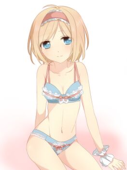 Rule 34 | 1girl, alice margatroid, alternate costume, blonde hair, blue bra, blue eyes, blue panties, blush, bra, breasts, cleavage, closed mouth, collarbone, commentary request, hairband, light smile, looking at viewer, medium breasts, medium hair, navel, panties, pink hairband, sitting, solo, stomach, touhou, tsuno no hito, underwear, underwear only, wrist cuffs