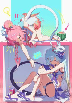 ! !! 2girls absurdres bikini blue_eyes blue_hair breasts can chinese_commentary closed_eyes commentary_request cy_fei dress drink_can food fruit hair_bun highres honkai_(series) honkai_impact_3rd horns light_bulb liliya_olenyeva liliya_olenyeva_(wave_galactica) lizard_tail long_hair multiple_girls pink_dress pink_hair reaching reaching_towards_another rozaliya_olenyeva rozaliya_olenyeva_(coral_sunrise) sandals siblings single_hair_bun single_horn sisters sleeping small_breasts swimsuit tail thighs toes twins very_long_hair watermelon white_bikini