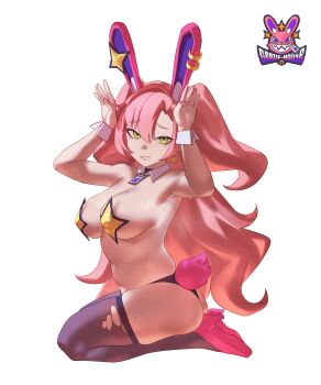 1girl absurdres alternate_costume animal_ear_hairband animal_ears aragiken armpits arms_up ass bare_shoulders black_choker black_panties breasts brown_thighhighs choker commentary covered_erect_nipples detached_collar earrings english_commentary english_text fake_animal_ears fake_tail from_side full_body green_eyes hair_between_eyes hairband heart heart_earrings highres jewelry large_breasts long_hair looking_at_viewer mole mole_on_breast mole_under_eye navel nicole_demara panties parted_lips pasties pendant_choker pink_hair pink_shoes pink_tail playboy_bunny rabbit_ear_hairband rabbit_ears rabbit_pose rabbit_tail seiza shoes simple_background sitting smile solo star_(symbol) star_pasties stomach sweat tail thighhighs torn_clothes torn_thighhighs underwear white_background white_wrist_cuffs wrist_cuffs zenless_zone_zero