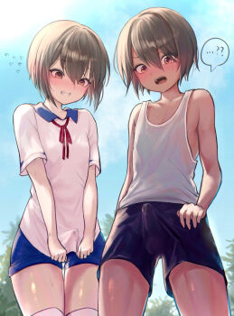 ... 2boys ? ?? @_@ azulasi black_shorts blue_shorts blue_sky blush brown_eyes brown_hair bulge cloud collarbone commentary commentary_request commission contrast_collar day double-parted_bangs embarrassed english_commentary erection erection_under_clothes feminine flying_sweatdrops full-face_blush hair_between_eyes highres looking_down male_focus mixed-language_commentary multiple_boys neck_ribbon open_mouth original outdoors peanut_mouth pixiv_commission precum precum_through_clothes red_ribbon ribbon shirt short_hair short_shorts short_sleeves shorts shota sidelocks sky spoken_ellipsis spoken_question_mark sweat tan tank_top tearing_up teeth thigh_gap thighhighs white_shirt white_tank_top white_thighhighs yaoi