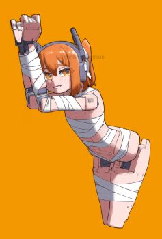 1girl a.i._voice adachi_rei android arms_up bound bound_arms bound_legs cowboy_shot highres joints kanbaru_mitsuki looking_at_viewer naked_ribbon one_side_up orange_background orange_eyes orange_hair ribbon ribbon_bondage robot_joints simple_background smile solo standing utau white_ribbon