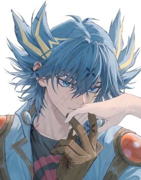 1boy black_hair black_shirt blonde_hair blue_eyes blue_jacket brown_gloves commentary_request fudo_yusei gloves jacket kiss kissing_hand multicolored_hair shirt simple_background solo_focus spiked_hair streaked_hair two-tone_hair watermark white_background yrm_zzz yu-gi-oh! yu-gi-oh!_5d's