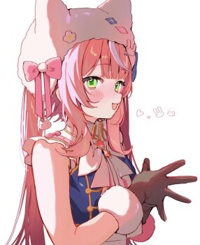 :d blush coat from_side green_eyes hair_ornament hair_ribbon hashtag-only_commentary heart highres idol_clothes jewelry looking_at_viewer momofugu necklace nijisanji open_mouth own_hands_together rabbit rabbit_hair_ornament ribbon simple_background smile standing white_background winter_clothes winter_coat yang_nari