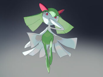 Rule 34 | colored skin, commentary request, fusenryo, gen 3 pokemon, gradient background, green hair, green skin, grey background, horns, kirlia, looking at viewer, multicolored skin, nintendo, pink eyes, pokemon, pokemon (creature), sidelocks, two-tone skin, white skin