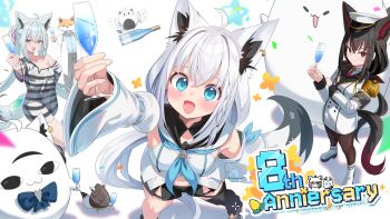 1other 3girls :d absurdres ahoge aiguillette animal_ear_piercing animal_ears anniversary aqua_eyes armband black_boots black_hair black_pantyhose black_shorts black_thighhighs blue_neckerchief boots braid breasts buttons champagne_flute closed_mouth coat coat_dress collared_shirt commentary_request cup dark_persona detached_sleeves double-breasted double-parted_bangs dress drinking_glass epaulettes extra_ears fox_ears fox_tail front_slit fubuzilla_(shirakami_fubuki) full_body gold_trim hair_between_eyes hat highres holding holding_cup hololive hololive_grand_theft_auto hood hooded_vest hoodie kumarang kurokami_fubuki legs_apart long_hair looking_at_viewer low_ponytail medium_breasts military_uniform miteiru_(shirakami_fubuki) multiple_girls neckerchief necktie no_pants open_mouth oruyanke_(shirakami_fubuki) pantyhose peaked_cap pentagram ponytail prison_clothes red_eyes red_necktie shirakami_fubuki shirakami_fubuki_(1st_costume) shirt short_shorts shorts side_braid single_thighhigh smile standing striped_clothes striped_shirt tail thigh_strap thighhighs very_long_hair vest virtual_youtuber white_boots white_coat white_hair white_hat white_shirt white_sleeves wide_sleeves