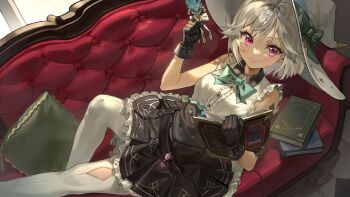 1girl absurdres aina_156cm black_gloves black_skirt blonde_hair blush bob_cut book bow bowtie breasts buttons commentary couch cowboy_shot double-breasted frilled_shirt frills gloves green_bow green_bowtie hat hat_bow highres holding holding_book holding_quill looking_at_viewer lying medium_hair on_back on_couch open_book original pantyhose pillow pink_eyes quill shirt skirt sleeveless sleeveless_shirt small_breasts smile solo symbol-only_commentary white_pantyhose white_shirt window witch_hat