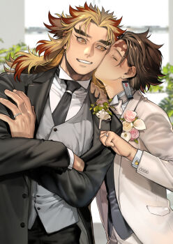 Rule 34 | 2boys, badge, black jacket, black necktie, black pants, black suit, black vest, blonde hair, blurry, blurry background, bow, bowtie, brown hair, closed eyes, collared shirt, colored tips, contemporary, crossed arms, earrings, flower, forked eyebrows, formal clothes, grey vest, hand on another's shoulder, hashimoto (yanagi-momo), highres, husband and husband, jacket, jewelry, kamado tanjirou, kimetsu no yaiba, kiss, kissing cheek, leaf, long hair, long sleeves, looking at another, male focus, multicolored eyes, multicolored hair, multiple boys, necktie, pants, pink flower, red eyes, red hair, rengoku kyoujurou, ring, rose, scar, scar on face, scar on forehead, shirt, short hair, smile, streaked hair, suit, teeth, thick eyebrows, two-tone hair, vest, wedding, wedding ring, white bow, white bowtie, white flower, white jacket, white pants, white shirt, white suit, window, yaoi, yellow eyes