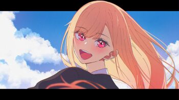 1girl absurdres black_border black_sweater blonde_hair border cloud commentary_request from_behind ganetto29 highres kitagawa_marin long_hair looking_at_viewer looking_back open_mouth red_eyes sky smile solo sono_bisque_doll_wa_koi_wo_suru sweater upper_body