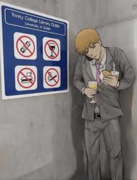 1boy burger cellphone cigarette closed_eyes commentary_request cup disposable_cup drinking_glass food formal_clothes grey_suit head_tilt highres holding holding_cup holding_food hyeon_0613 korean_commentary male_focus mob_psycho_100 necktie phone photo_background pink_necktie reigen_arataka sign smoking solo suit wine_glass