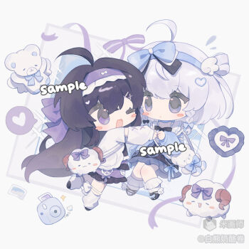 2girls ;d ahoge bai_xiong_nailaojuan black_hair black_shoes black_skirt blue_eyes blue_hair blue_hairband blue_shirt blush_stickers bow_hairband chibi chibi_only closed_mouth frilled_hairband frilled_skirt frills full_body hair_intakes hairband highres hug long_hair long_sleeves mihuashi_username multiple_girls one_eye_closed open_mouth original purple_eyes purple_hairband purple_skirt shirt shoes short_hair skirt smile socks white_shirt white_socks