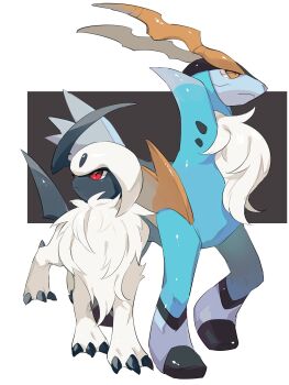absol animal_focus antlers black_background claws cobalion commentary_request fluffy full_body gen_3_pokemon gen_5_pokemon hideko_(l33l3b) highres horns leg_up legendary_pokemon looking_to_the_side nintendo no_humans pokemon pokemon_(creature) red_eyes simple_background standing walking white_fur yellow_eyes