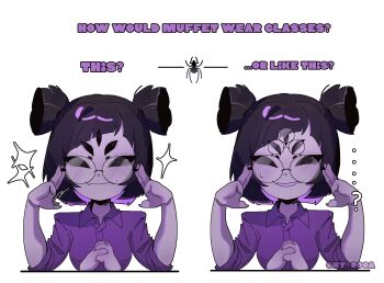 Rule 34 | 1girl, absurdres, arthropod girl, colored sclera, colored skin, double bun, english text, extra arms, extra eyes, hair bun, highres, muffet, ny 000a, purple hair, purple skin, shirt, short hair, star (symbol), undertale, upper body, utdr (toby fox)