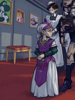 3girls absurdres apron bench black_boots black_dress blonde_hair book boots breasts brown_hair character_request collared_dress dress frilled_hat frills gold_trim gus_uur hat highres holding holding_book impa long_dress maid_apron mario mario_(series) medium_breasts mob_cap multiple_girls nintendo own_hands_together picture_frame pointy_ears princess_peach princess_zelda purple_tabard tabard the_legend_of_zelda the_legend_of_zelda:_ocarina_of_time white_dress white_hat winged_hat yoshi