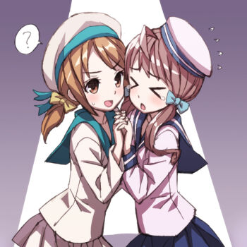 Rule 34 | > <, 10s, 2girls, :o, ?, ahoge, bad id, bad pixiv id, blush, brown hair, closed eyes, error musume, flying sweatdrops, girl holding a cat (kancolle), hair ribbon, hat, holding hands, interlocked fingers, kantai collection, kneeling girl (kancolle), long hair, matsuryuu, military, military uniform, multiple girls, open mouth, personification, ponytail, ribbon, skirt, smile, speech bubble, spoken question mark, tears, twintails