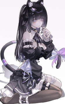 Rule 34 | 1girl, animal ear fluff, animal ears, bandaged leg, bandages, bare shoulders, black dress, black hair, black nails, black ribbon, black thighhighs, blue pupils, bow, breasts, cat ears, cat tail, character request, cleavage, closed mouth, commentary, copyright request, detached sleeves, dress, from side, hair ribbon, hand up, highres, large breasts, long hair, looking at viewer, multicolored hair, nail polish, neon (pixiv 31150749), no shoes, purple eyes, ribbon, single thighhigh, sitting, solo, streaked hair, symbol-only commentary, tail, tail bow, tail ornament, thighhighs, wariza, white hair