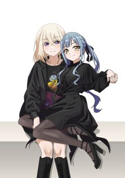 Rule 34 | 2girls, absurdres, bang dream!, bang dream! it's mygo!!!!!, black boots, black jacket, black pantyhose, black ribbon, black shirt, black skirt, blonde hair, blush, boots, closed mouth, commentary, hair between eyes, hair ribbon, highres, holding hands, interlocked fingers, jacket, killtenshi, long sleeves, looking at viewer, medium hair, misumi uika, multiple girls, pantyhose, pleated skirt, purple eyes, ribbon, shirt, sitting, sitting on lap, sitting on person, skirt, togawa sakiko, twintails, yellow eyes, yuri