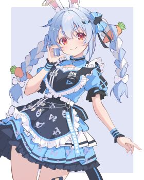 1girl absurdres animal_ear_fluff animal_ears apron blue_dress blue_hair blush border braid carrot_hair_ornament character_name closed_mouth commentary_request dress food-themed_hair_ornament hair_ornament hairpin heart heart_hair_ornament highres hololive hololive_3rd_generation_live_outfit long_hair looking_at_viewer maccaron61 maid maid_apron multicolored_hair orange_eyes pink_background rabbit-shaped_pupils rabbit_ears rabbit_girl short_eyebrows smile solo symbol-shaped_pupils twin_braids two-tone_hair usada_pekora virtual_youtuber white_apron white_border white_hair