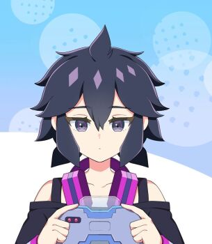 Rule 34 | 1girl, ahoge, anime coloring, artist request, black eyes, black shirt, black tank top, closed mouth, commentary request, dragon musume ni naritakunai!, duel masters, hair between eyes, handheld game console, headphones, headphones around neck, highres, holding, holding handheld game console, multicolored eyes, off-shoulder shirt, off shoulder, official art, purple eyes, shirt, short hair, solo, tank top, teiozaka mumu, upper body, wristband