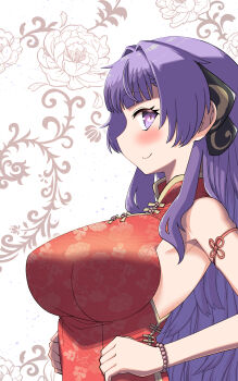 Rule 34 | 1girl, alternate costume, blush, china dress, chinese clothes, closed mouth, dress, highres, indie virtual youtuber, looking at viewer, nocturnal demon, otsuka ray, purple eyes, purple hair, red dress, sidelocks, sleeveless, sleeveless dress, smile, solo, virtual youtuber