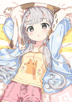 Rule 34 | 1girl, :o, arms up, blue jacket, blush, brown eyes, camisole, clothes writing, commentary request, cowboy shot, dot nose, drawstring, grey hair, hisakawa nagi, idolmaster, idolmaster cinderella girls, jacket, kuresuku (lessons), long hair, long sleeves, looking at viewer, low twintails, lying, on back, on bed, open clothes, open jacket, open mouth, pink shorts, print shirt, shirt, shorts, solo, spaghetti strap, stuffed animal, stuffed cat, stuffed toy, twintails, yellow camisole