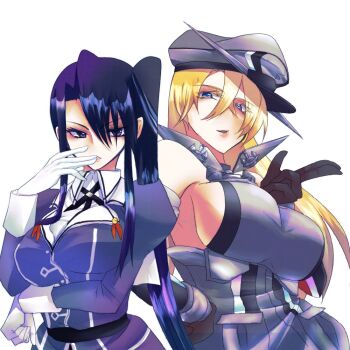 Rule 34 | 2girls, bismarck (kancolle), black gloves, black hair, blonde hair, blue eyes, breasts, gloves, hat, jacket, kantai collection, large breasts, long hair, military hat, military uniform, multiple girls, nachi (kancolle), peaked cap, purple jacket, side ponytail, sideboob, sora (cielo56), white gloves