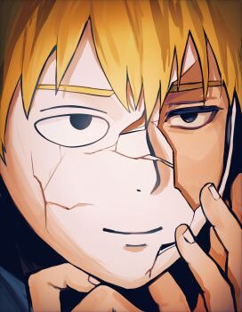 Rule 34 | 1boy, arms up, black eyes, blonde hair, broken mask, cracked kawaii mask, geola17157, hair between eyes, hand on own face, hashtag-only commentary, highres, male focus, mask, mob psycho 100, portrait, reigen arataka, sanpaku, short hair, solo