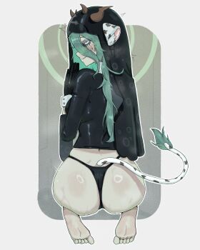 1girl animal_ears ass ass_focus black_panties black_sclera colored_sclera commentary cow_ears cow_girl cow_horns cow_tail crelly crelly_(mold_mother) english_commentary feet grey_eyes hair_between_eyes highres horns indie_virtual_youtuber kneeling localpervert5 looking_back makeup mold nun_headdress panties praying runny_makeup tail underwear
