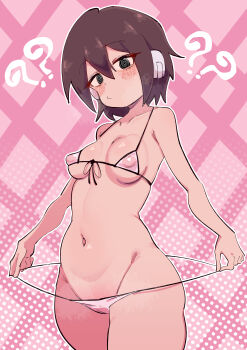 1girl ? ?? absurdres aile_(mega_man_zx) bikini black_eyes breasts brown_hair buzzlyears cowboy_shot front-tie_top highres mega_man_(series) mega_man_zx micro_bikini nipples pink_background pussy ringed_eyes robot_ears see-through_bikini see-through_clothes simple_background small_breasts solo swimsuit