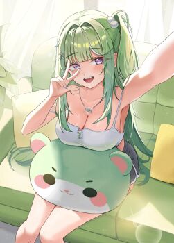 Rule 34 | 1girl, arm up, blush, breasts, camisole, chico (yuzuha riko), cleavage, commentary, couch, feet out of frame, fingernails, from above, green hair, grey nails, hair intakes, hand up, hatae0226 (hty), highres, indoors, jewelry, large breasts, long hair, looking at viewer, multicolored hair, nail polish, necklace, on couch, one side up, open mouth, pillow, purple eyes, selfie, sitting, smile, solo, stellive, strap slip, streaked hair, stuffed toy, untranslatable commentary, very long hair, virtual youtuber, w, w over eye, white camisole, wispy bangs, yuzuha riko