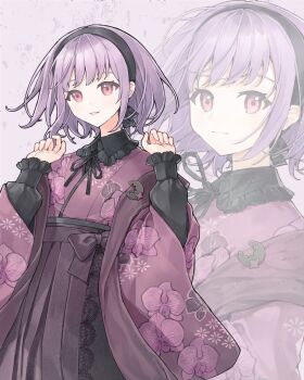 1girl bang_dream! bang_dream!_it's_mygo!!!!! black_hairband closed_mouth commentary floral_print hairband hands_up hashtag-only_commentary highres japanese_clothes kimono long_sleeves looking_at_viewer open_mouth pink_eyes purple_hair purple_kimono purple_skirt rudrawong short_hair skirt yuutenji_nyamu zoom_layer